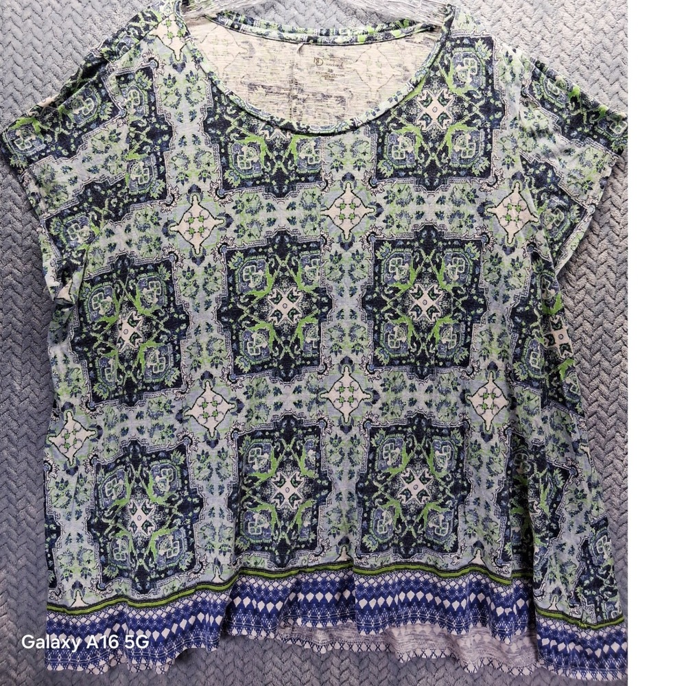 New Directions Weekend 3X Green Medallion Print Short‎ Sleeve Top Cabincore Boho